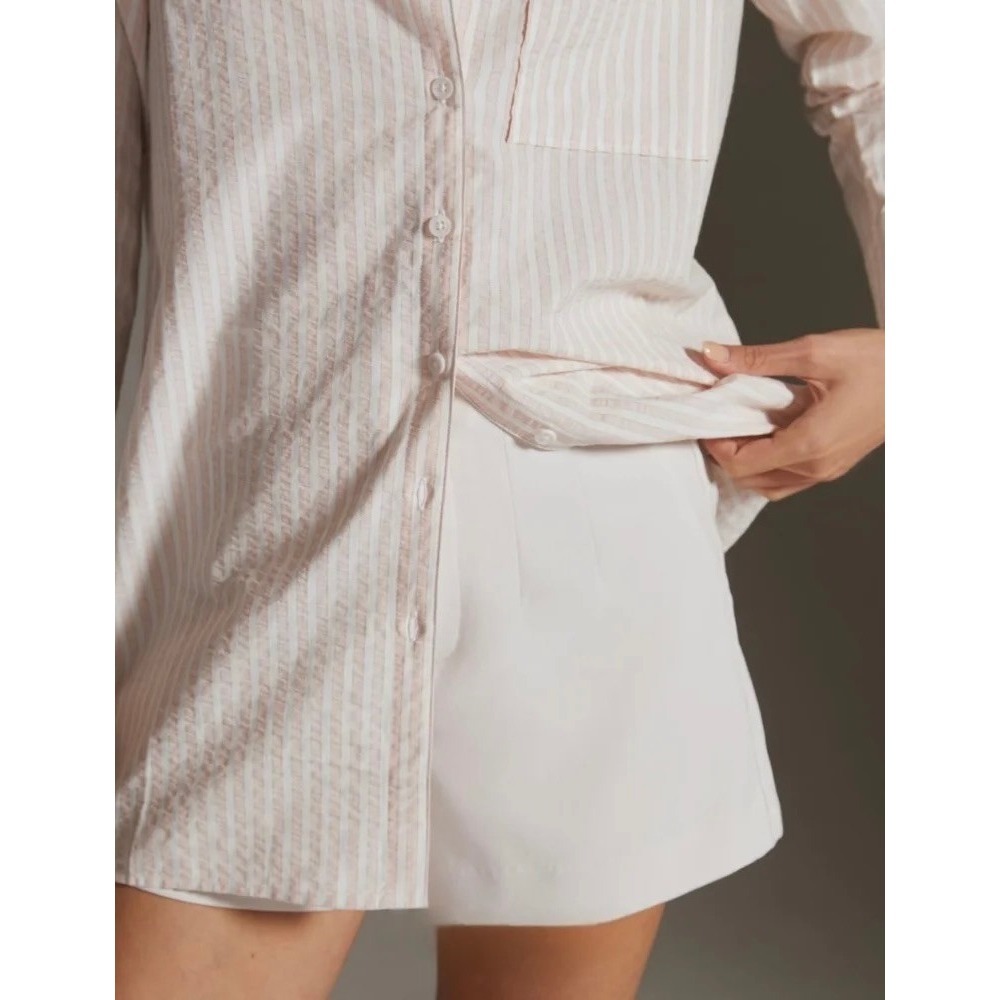 By ANTHROPOLOGIE Longline Button Down Pink White Stripe Shirt Buttondown Large - Picture 6 of 16